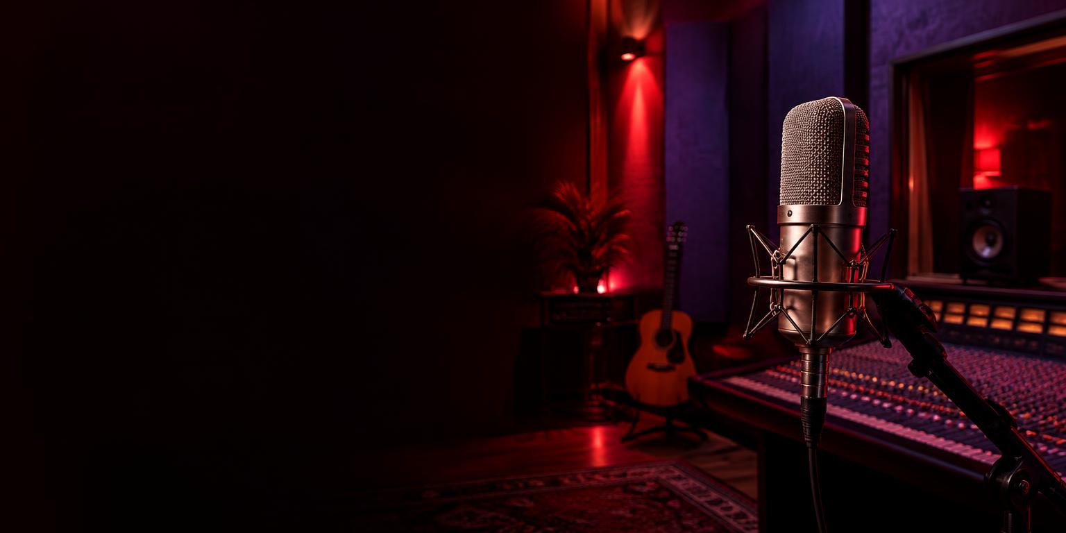 Microfone em um estúdio musical iluminado em vermelho